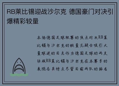 RB莱比锡迎战沙尔克 德国豪门对决引爆精彩较量