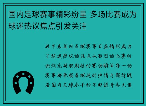 国内足球赛事精彩纷呈 多场比赛成为球迷热议焦点引发关注