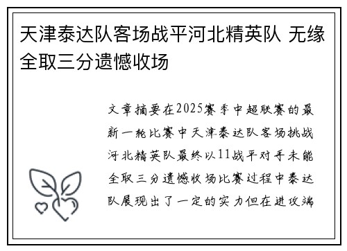 天津泰达队客场战平河北精英队 无缘全取三分遗憾收场