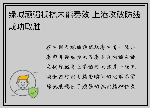 绿城顽强抵抗未能奏效 上港攻破防线成功取胜